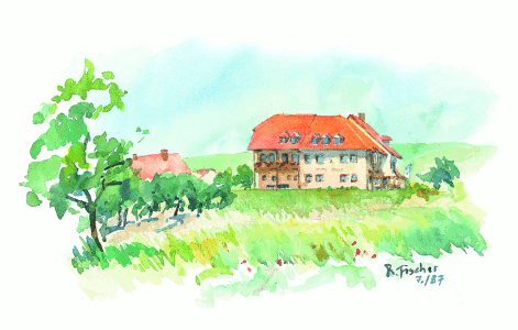 Die Bocksbeutelherberge in Sommerach auf der Weininsel Aquarell der Bocksbeutelherberge in Sommerach
